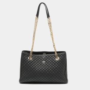 Pre Owned CH Carolina Herrera Black Micro Quilted Leather Chain Tote