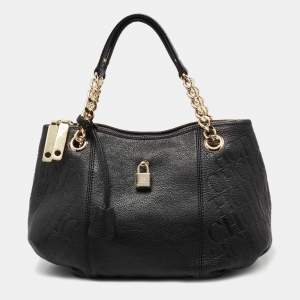 Pre Owned CH Carolina Herrera Black Monogram Embossed Leather Dahlia Hobo