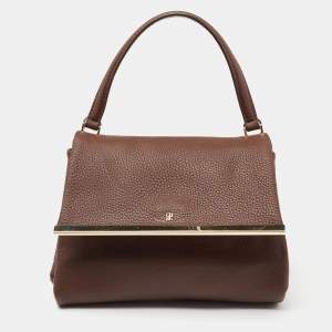 Pre Owned CH Carolina Herrera Dark Brown Leather Metal Flap Top Handle Bag