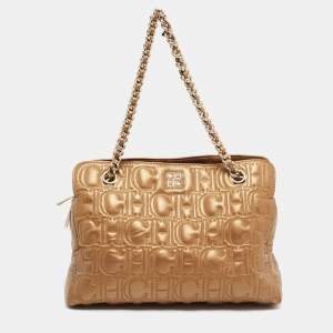 Pre Owned CH Carolina Herrera Metallic Gold Monogram Quilted Leather Audrey Satchel