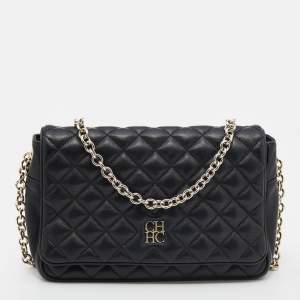 Pre Owned CH Carolina Herrera Black Quilted Leather Flap Chain Shoulder Bag