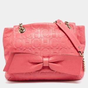 Pre Owned Carolina Herrera Pink Monogram Embossed Leather Audrey Shoulder Bag