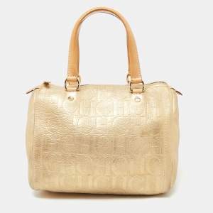 CH Carolina Herrera Shimmer Gold Monogram Embossed Leather Andy Boston Bag