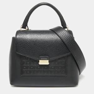 Pre Owned CH Carolina Herrera Black Monogram Embossed Leather Flap Top Handle Bag