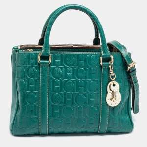 Pre Owned CH Carolina Herrera Green Monogram Embossed Leather Matteo Tote