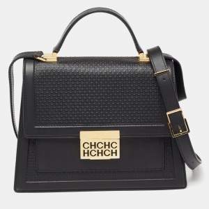Pre Owned CH Carolina Herrera Black Monogram Embossed Leather Top Handle Bag