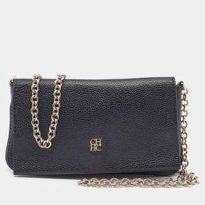 Pre Owned CH Carolina Herrera Black Leather Flap Chain Shoulder Bag