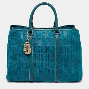 Pre Owned CH Carolina Herrera Teal Blue Monogram Embossed Leather Matteo Tote
