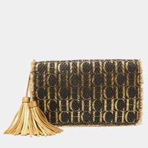 Pre Owned CH Carolina Herrera Gold/Brown Monogram Raffia Tassel Flap Clutch