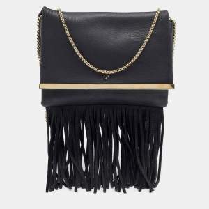 Pre Owned CH Carolina Herrera Black Leather Fringe Chain Shoulder Bag
