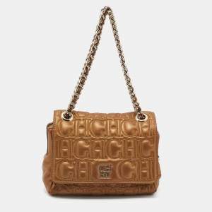 Pre Owned CH Carolina Herrera Metallic Gold Leather Monogram Quilted Flap Shoulder Bag