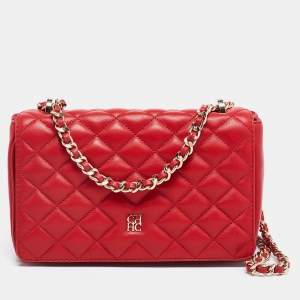 Pre Owned CH Carolina Herrera Red Quilted Leather Flap Chain Shoulder Bag