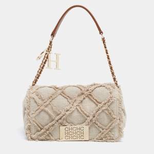 Pre Owned CH Carolina Herrera Beige Quilted Canvas Flap Shoulder Bag