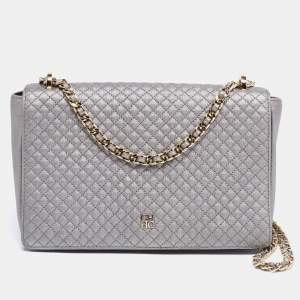 Pre Owned CH Carolina Herrera Metallic Grey Quilted Leather Flap Chain Shoulder Bag