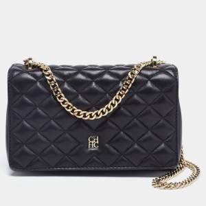 Pre Owned CH Carolina Herrera Black Quilted Leather Flap Chain Shoulder Bag