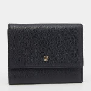 Pre Owned CH Carolina Herrera Black Leather Tri Fold Wallet
