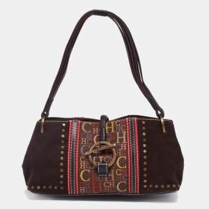 Pre Owned CH Carolina Herrera Dark Brown Monogram Canvas, Suede and Leather Studded Baguette Bag