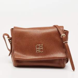 Pre Owned CH Carolina Herrera Brown Leather Logo Flap Crossbody Bag