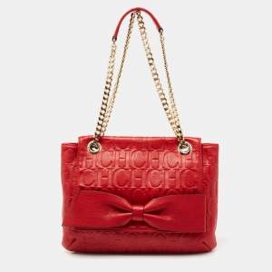 Pre Owned CH Carolina Herrera Red Monogram Leather Audrey Shoulder Bag 