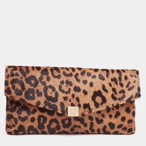 Pre Owned CH Carolina Herrera Brown Leopard Print Calf Hair Envelope Clutch