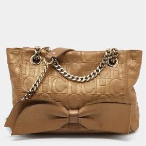 Pre Owned CH Carolina Herrera Metallic Gold Monogram Leather Audrey Shoulder Bag