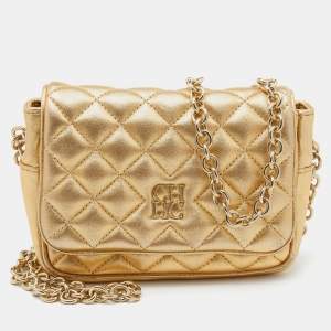 Pre Owned CH Carolina Herrera Metallic Gold Quilted Leather Chain Crossbody Bag