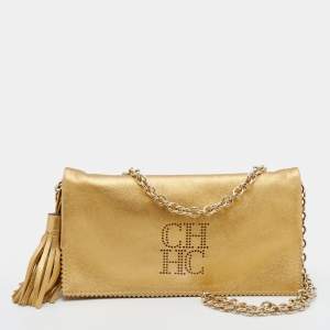 Pre Owned CH Carolina Herrera Metallic Gold Perforated Logo Leather Flap Tassel Shoulder Bag