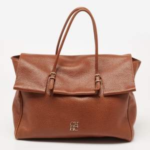 Pre Owned CH Carolina Herrera Brown Leather Flap Tote