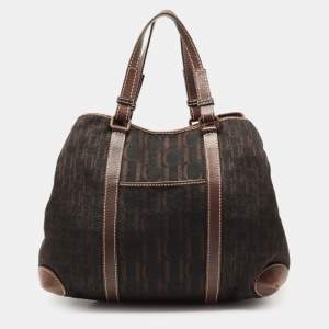 Pre Owned CH Carolina Herrera Dark Brown Monogram Canvas and Leather Front Pocket Tote