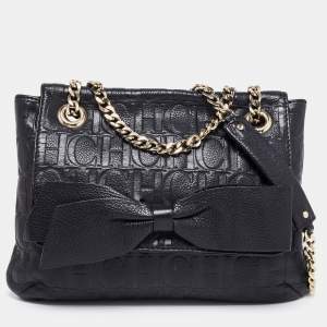 Pre Owned CH Carolina Herrera Black Monogram Leather Audrey Shoulder Bag