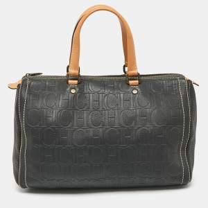 CH Carolina Herrera Dark Grey Monogram Embossed Leather Large Andy Boston Bag