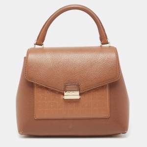 Pre Owned CH Carolina Herrera Brown Monogram Embossed Leather Push Lock Flap Top Handle Bag