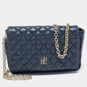 Pre Owned CH Carolina Herrera Blue Quilted Leather Flap Chain Shoulder Bag