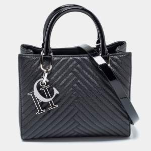 Pre Owned CH Carolina Herrera Black Leather and Patent Leather Small Tote