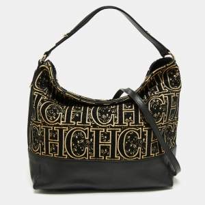 Pre Owned CH Carolina Herrera Black/Gold Monogram Fabric And Leather Open Tote