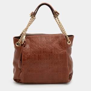 Pre Owned CH Carolina Herrera Brown Monogram Embossed Leather Chain Tote 