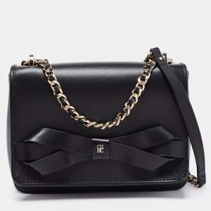 Pre Owned CH Carolina Herrera Black Leather Bow Shoulder Bag