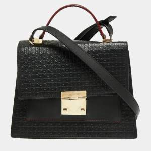 Pre Owned CH Carolina Herrera Black Monogram Leather Flap Top Handle Bag