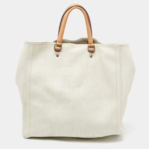 Pre Owned CH Carolina Herrera Off White Embossed Monogram Leather Andy Tote