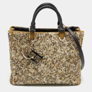 Pre Owned CH Carolina Herrera Gold/Black Leather and Crystals Embellished Duchess Tote