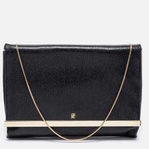 Pre Owned CH Carolina Herrera Black Leather Metal Flap Chain Clutch