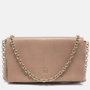 Pre Owned CH Carolina Herrera Beige Leather Flap Chain Crossbody Bag