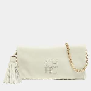 Pre Owned CH Carolina Herrera White Perforated Logo Leather Tassel Flap Chain Bag