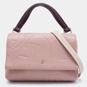 CH Carolina Herrera Pink Embossed Leather Flap Top Handle Bag
