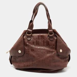 CH Carolina Herrera Dark Brown Monogram Embossed Leather Zip Satchel