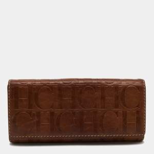 Pre Owned CH Carolina Herrera Brown Monogram Leather Flap Continental Wallet