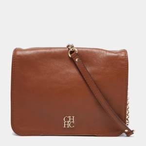 Pre Owned  CH Carolina Herrera Brown Leather New Baltazar Flap Shoulder Bag 
