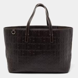 Pre Owned CH Carolina Herrera Dark Brown Monogram Embossed Leather Shopper Tote
