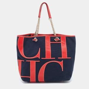Pre Owned CH Carolina Herrera Navy Blue/Red Canvas and Leather Chain Tote