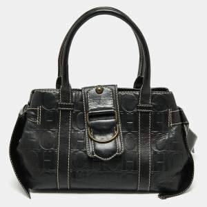 Pre Owned CH Carolina Herrera Monogram Embossed Black Leather Buckle Flap Tote